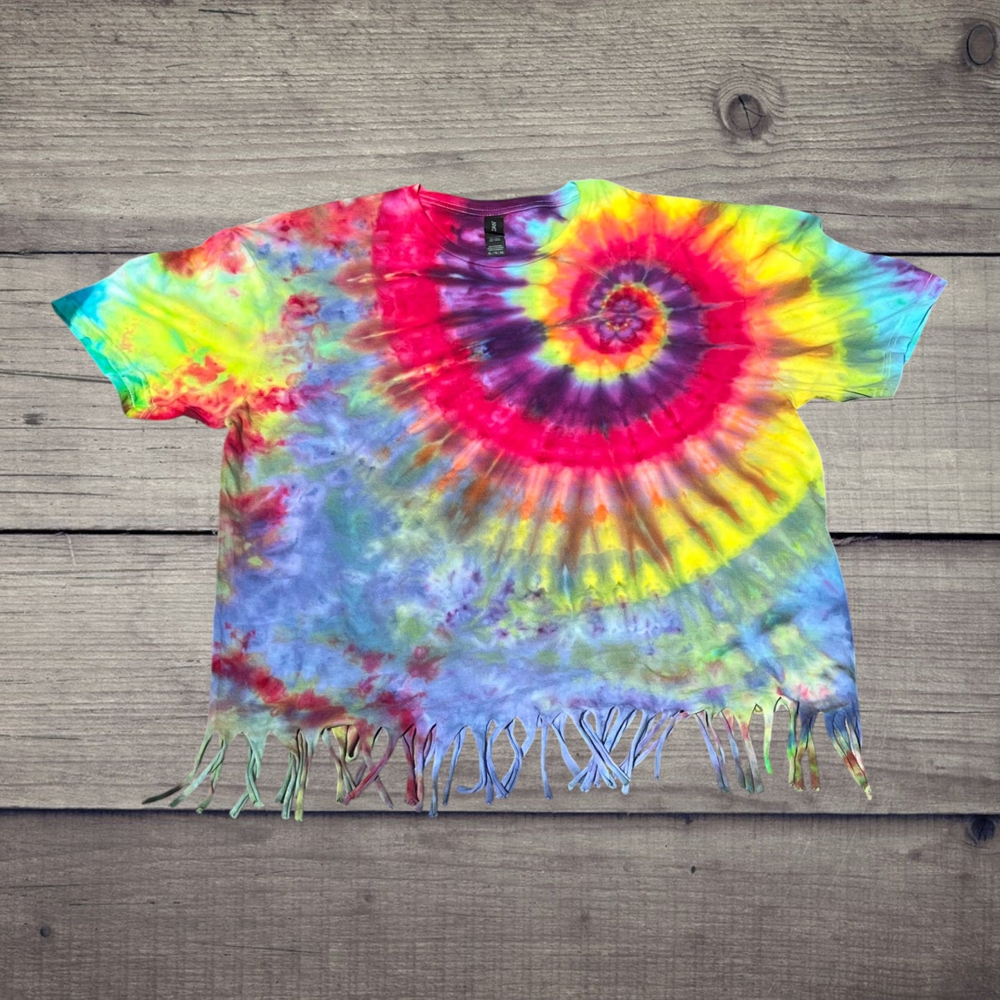 Rainbow Spiral Fringe Tie Dye Crop Tee XL