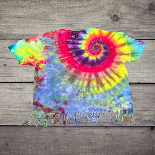 Rainbow Spiral Fringe Tie Dye Crop Tee XL