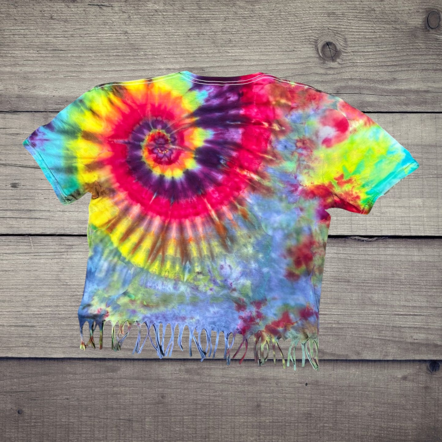 Rainbow Spiral Fringe Tie Dye Crop Tee XL
